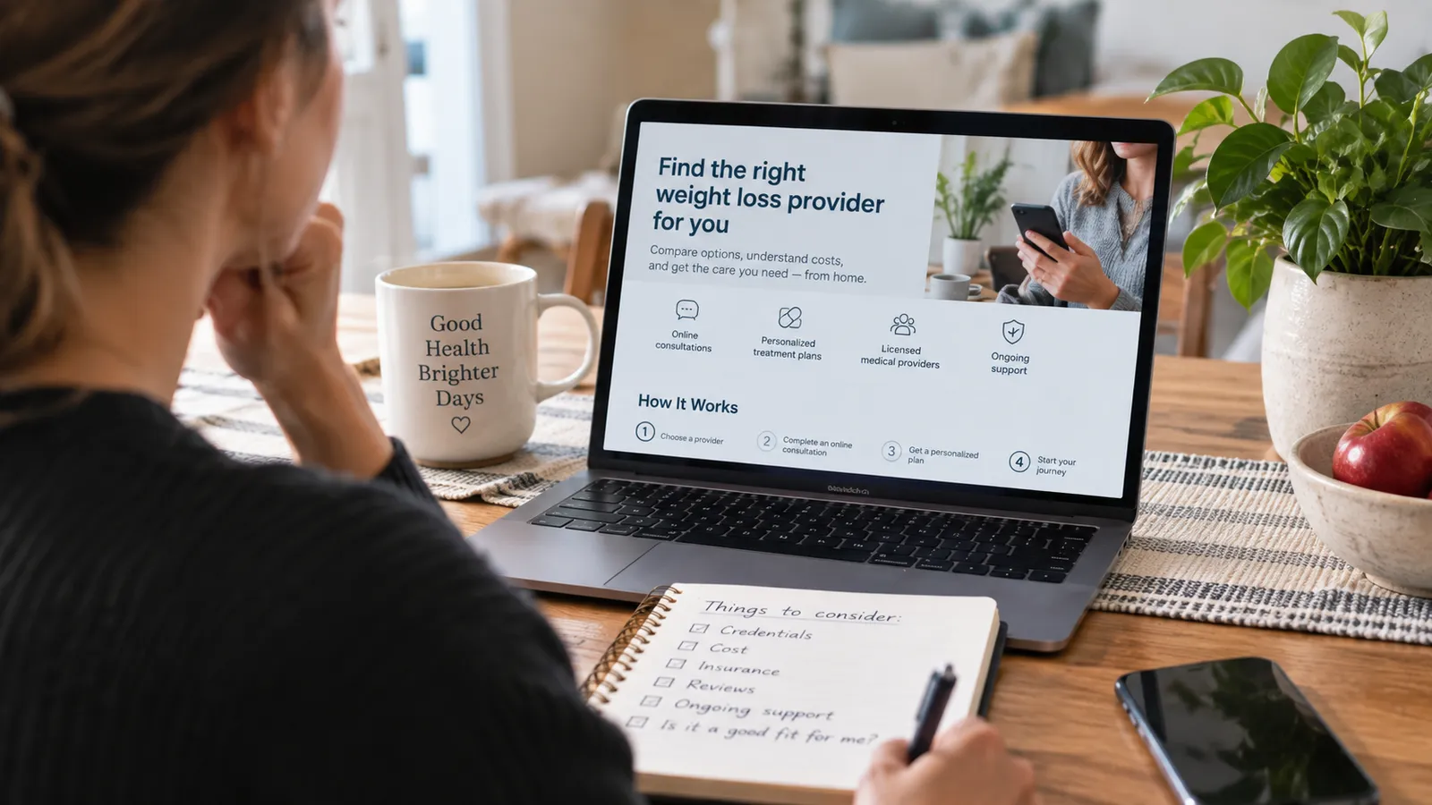 Woman at a laptop reviewing online weight loss providers, with a handwritten checklist covering credentials, cost, insurance, reviews and support
