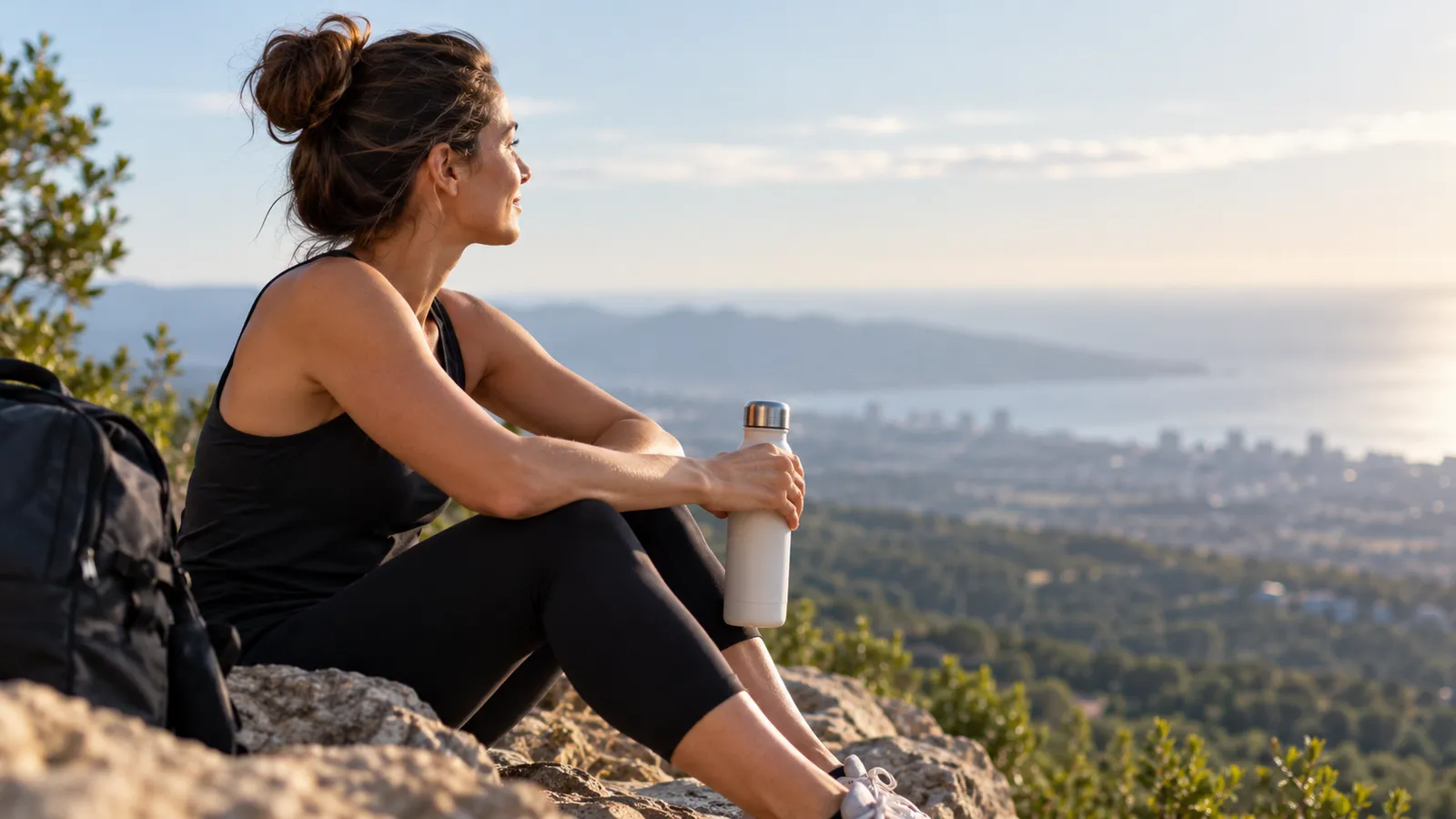 Hiker resting with a water bottle on a mountain top above a valley, a picture of working through a weight loss plateau