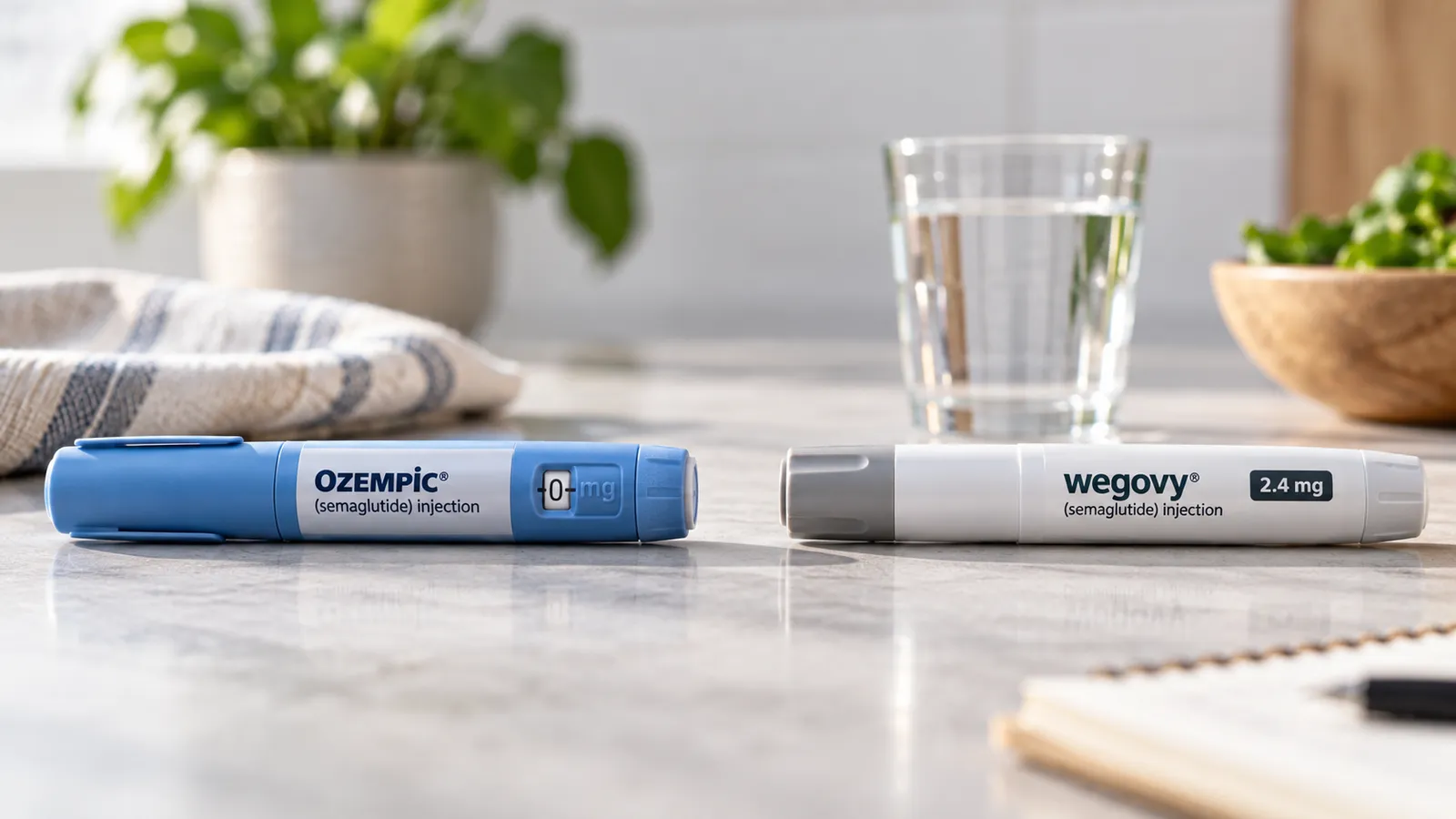 Ozempic semaglutide pen and Wegovy 2.4 mg semaglutide pen lying side by side on a kitchen counter