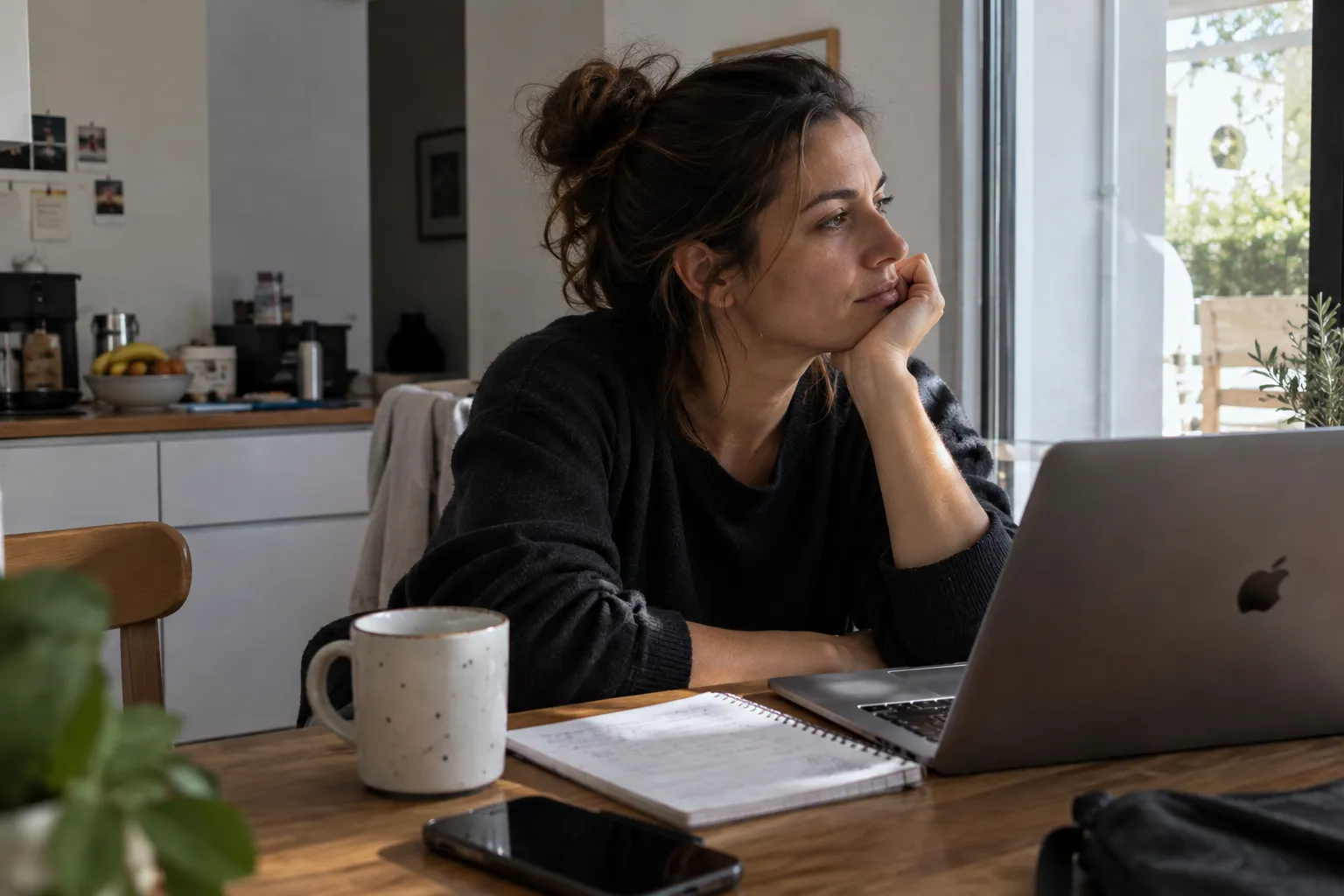 Woman at a kitchen table with a laptop, notebook and coffee, thinking through how to handle semaglutide side effects