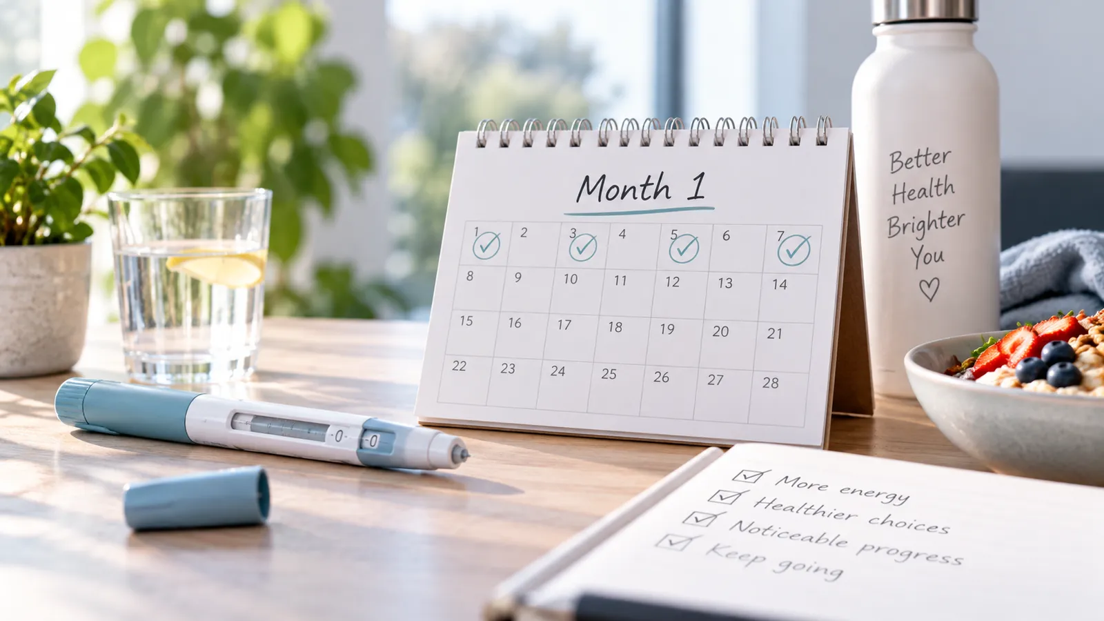 Calendar labeled Month 1 with week one ticked off, next to a GLP-1 pen, a water glass, a water bottle and a breakfast bowl