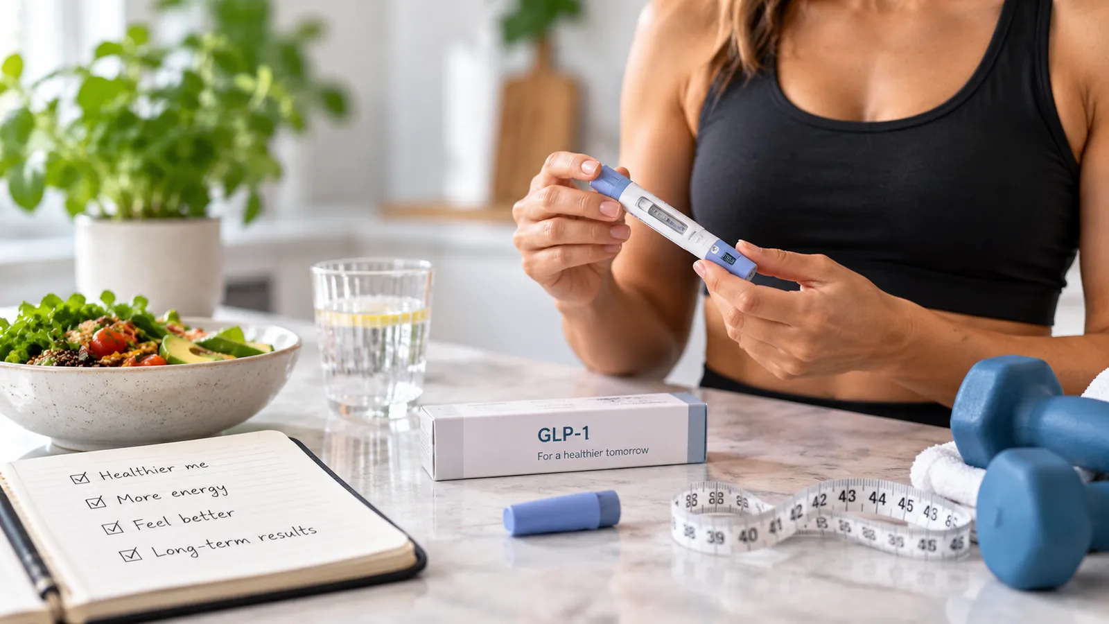 A GLP-1 injection pen held over a kitchen counter set with a salad, a glass of water, a tape measure and a pair of dumbbells
