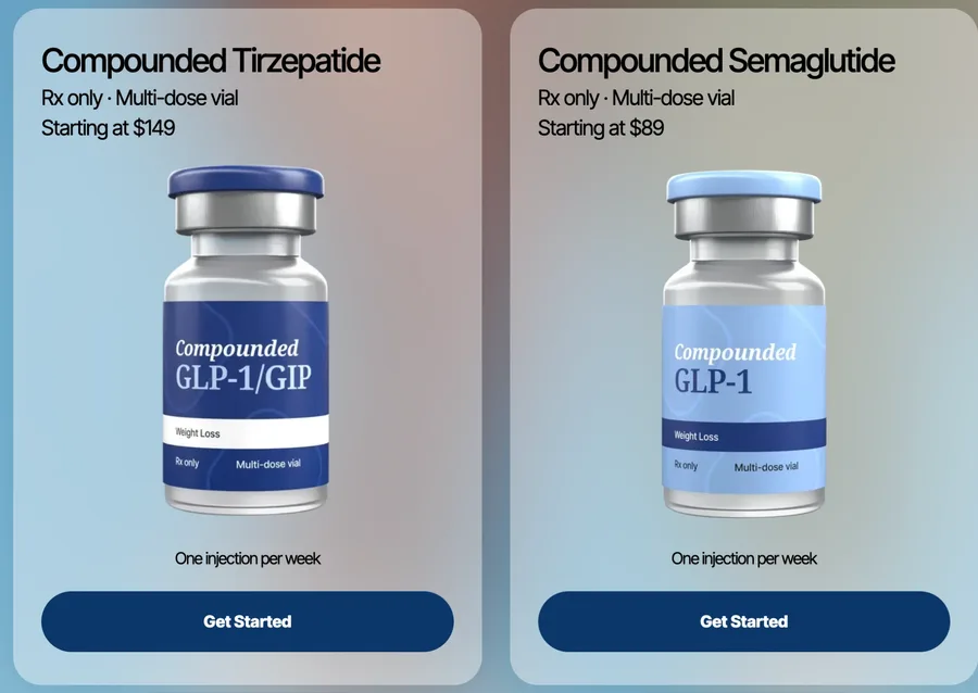 altRx pricing page captured on October 5, 2026, showing semaglutide from $89 and tirzepatide from $149