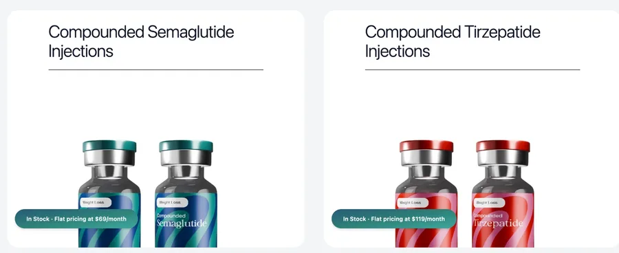embody pricing page captured on October 5, 2026, showing flat pricing of $69/mo for semaglutide and $119/mo for tirzepatide