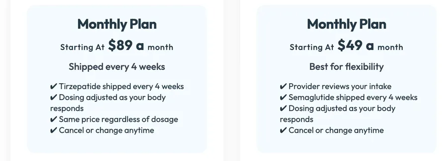 welludr pricing page captured on October 5, 2026, showing semaglutide from $49 a month and tirzepatide from $89